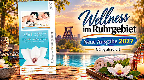 Werbung für die Sauna Card 2026 mit Partnerlogos und Wellness Angeboten im Ruhrgebiet.