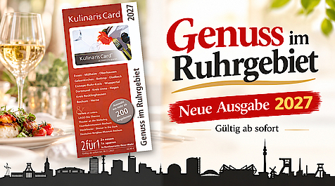 Werbung für die Kulinaris Card 2026 mit Partnerlogos und Infos zu Angeboten im Ruhrgebiet.
