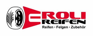 links ein schwarzer Autoreifen und rechts ein rot-schwarzer Schriftzug EROLI REIFEN