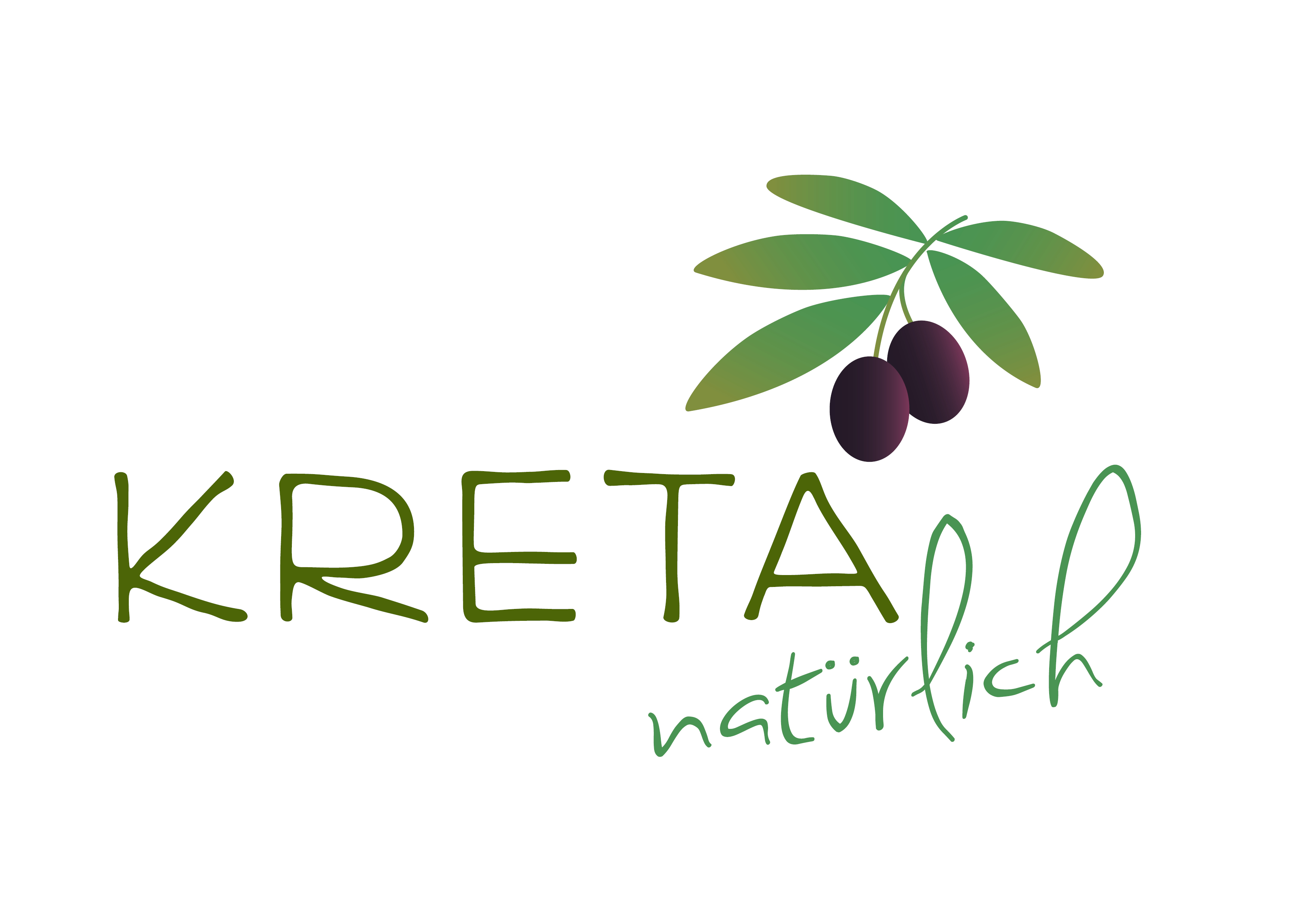 grüner Schriftzug „KRETA natürlich“ mit einem Olivenzweig und zwei dunkellila Oliven auf weißem Hintergrund.