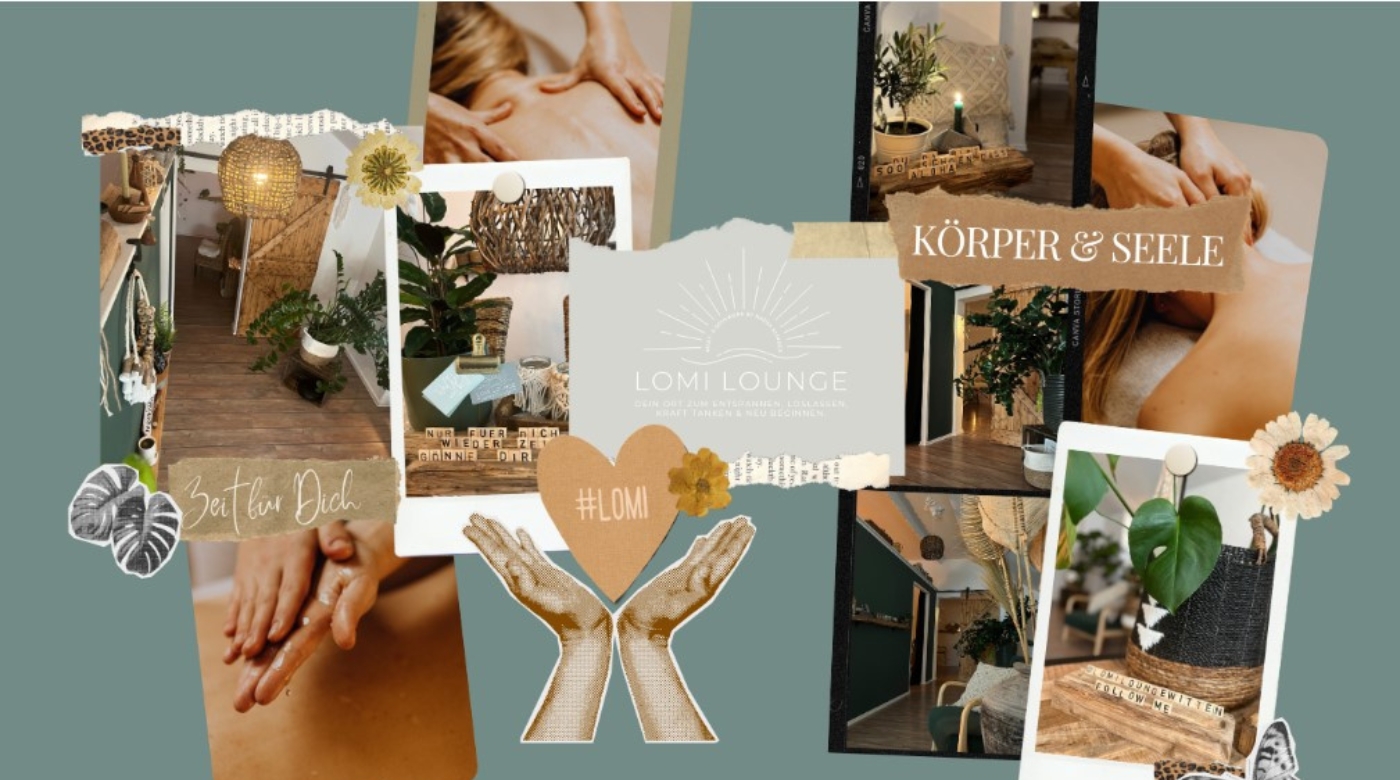 Collage der Lomi Lounge mit Massagen, Pflanzen, Räumen, Deko und motivierenden Texten.