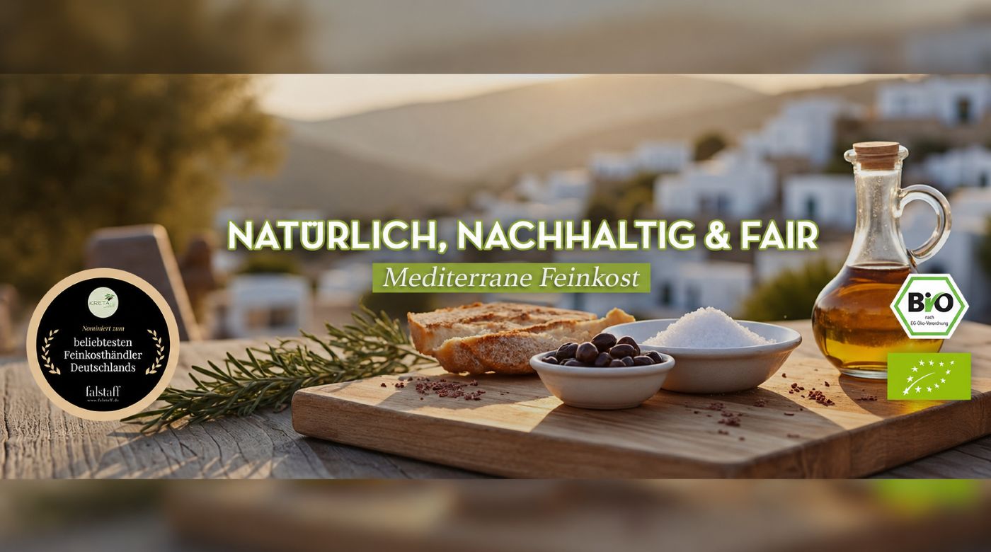 gedeckter Holztisch mit Brot, Oliven, Salz und Olivenöl vor mediterraner Landschaft, Text „Natürlich, nachhaltig & fair – Mediterrane Feinkost“ und Bio-Siegel u. Feinkost-Auszeichnung.