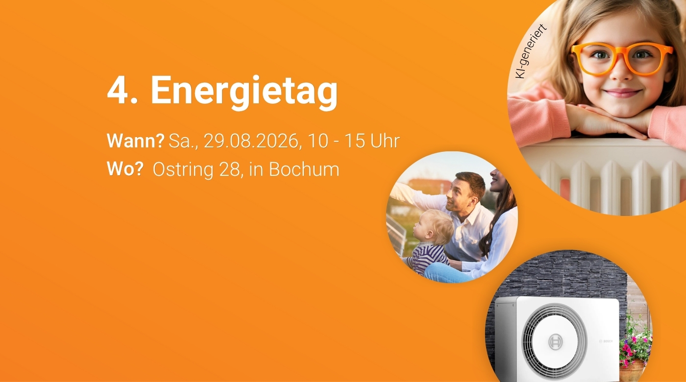Bild auf orangenem Hintergrund mit 3 Kreisen mit einer Familie, einem Mädchen und einer Wärmepumpe