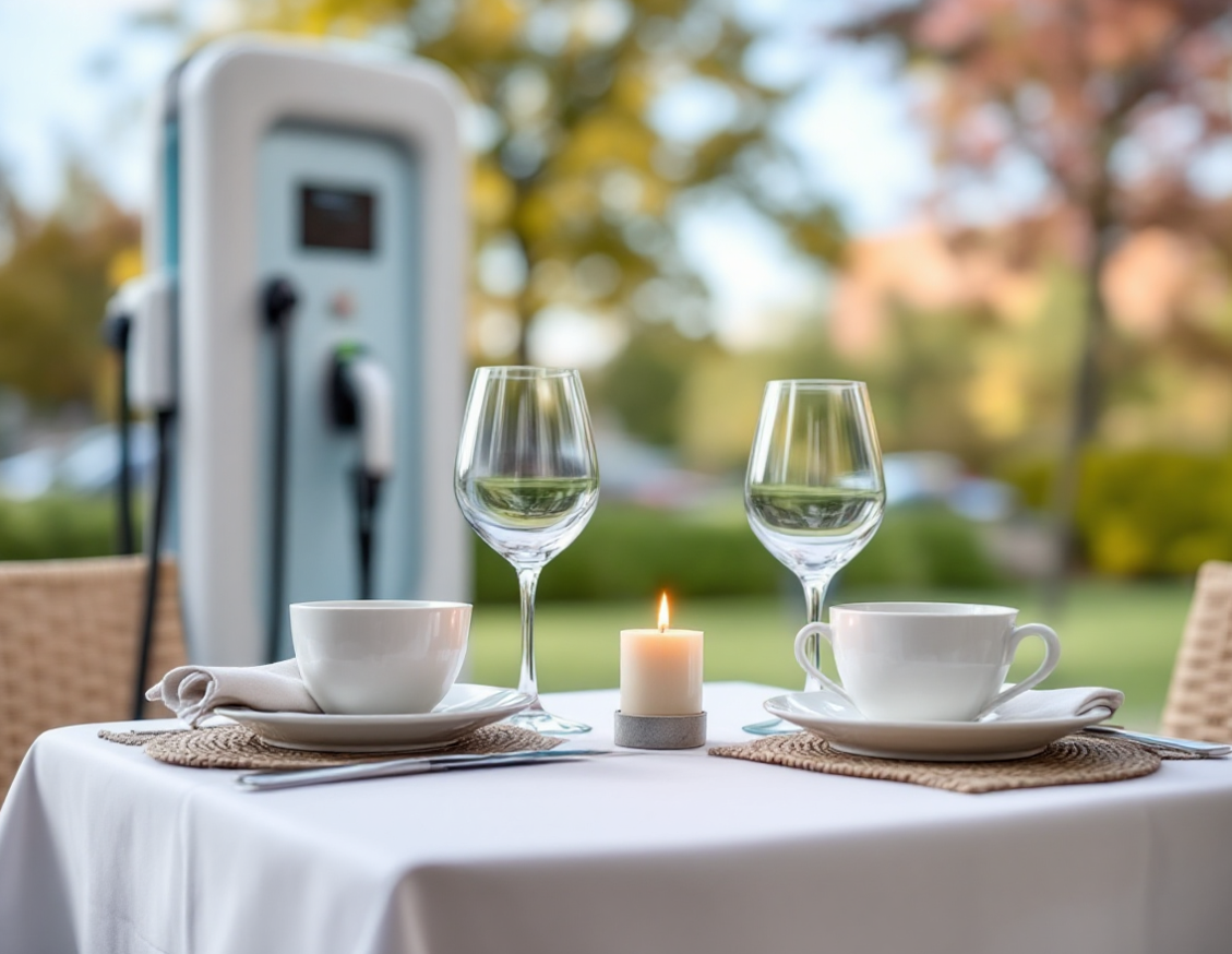 Tisch mit Gläsern und Kerze vor Ladestation