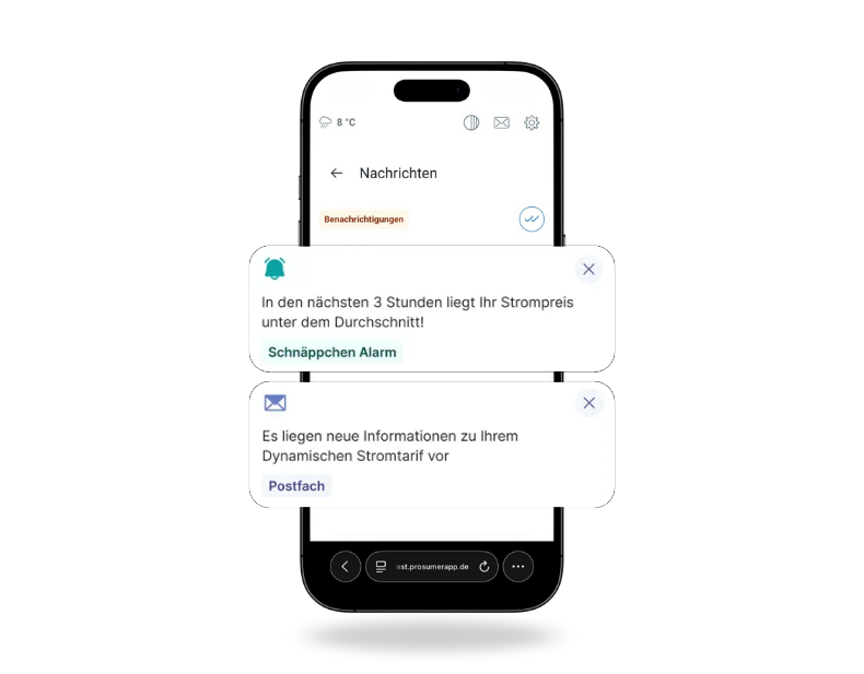 Smartphone mit Benachrichtigungen zu Strompreisen und Tarifinfos