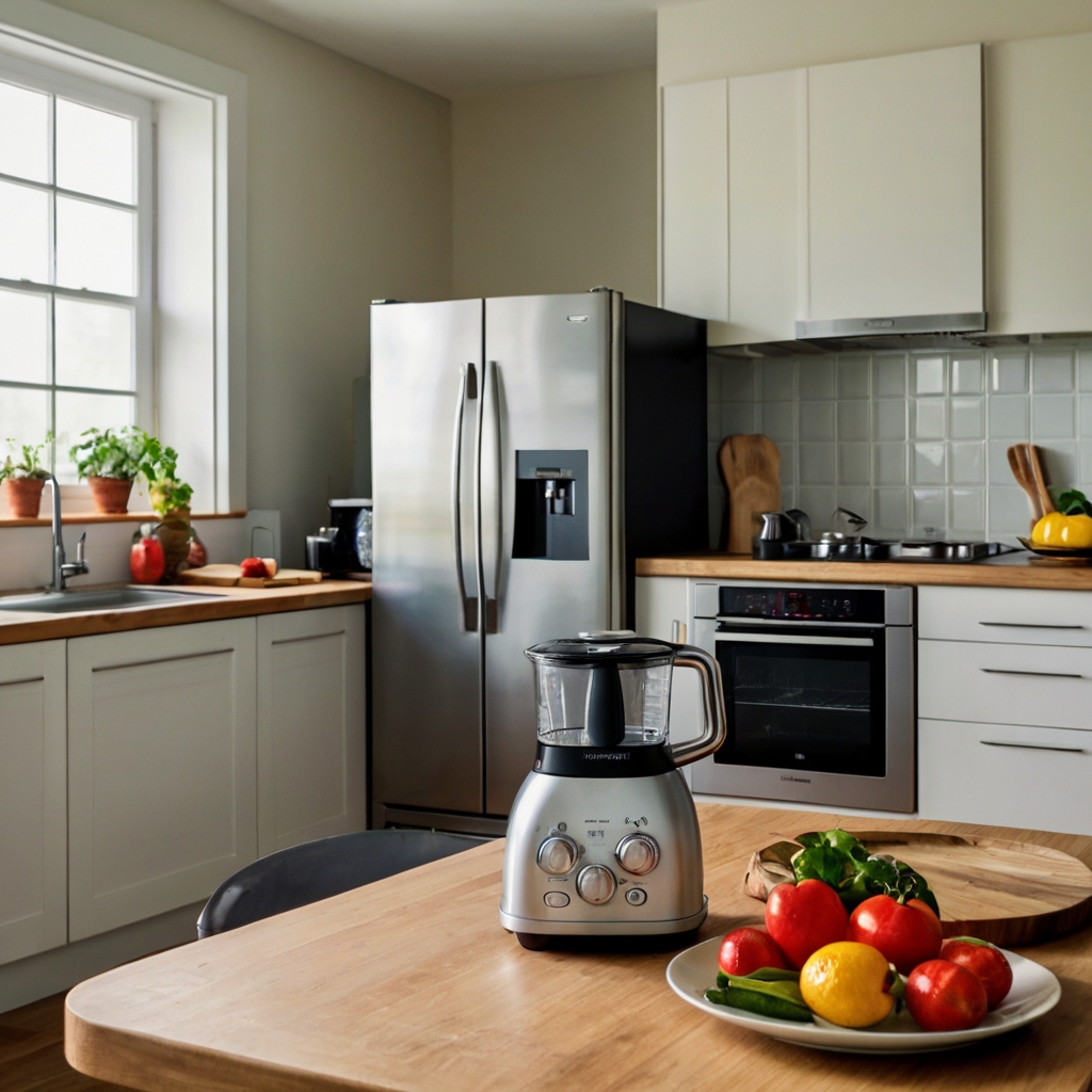 Moderne Küche mit Kühlschrank, Mixer und frischem Gemüse