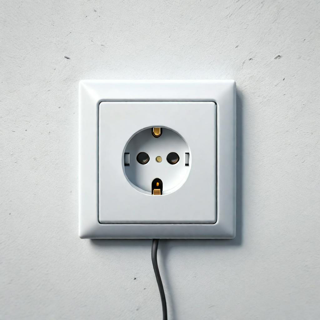 Weiße deutsche Steckdose mit Kabel an grauer Wand
