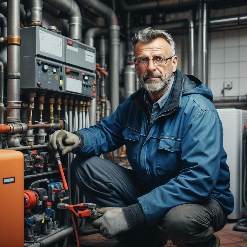 Handwerker bei Reparatur einer großen Heizungsanlage
