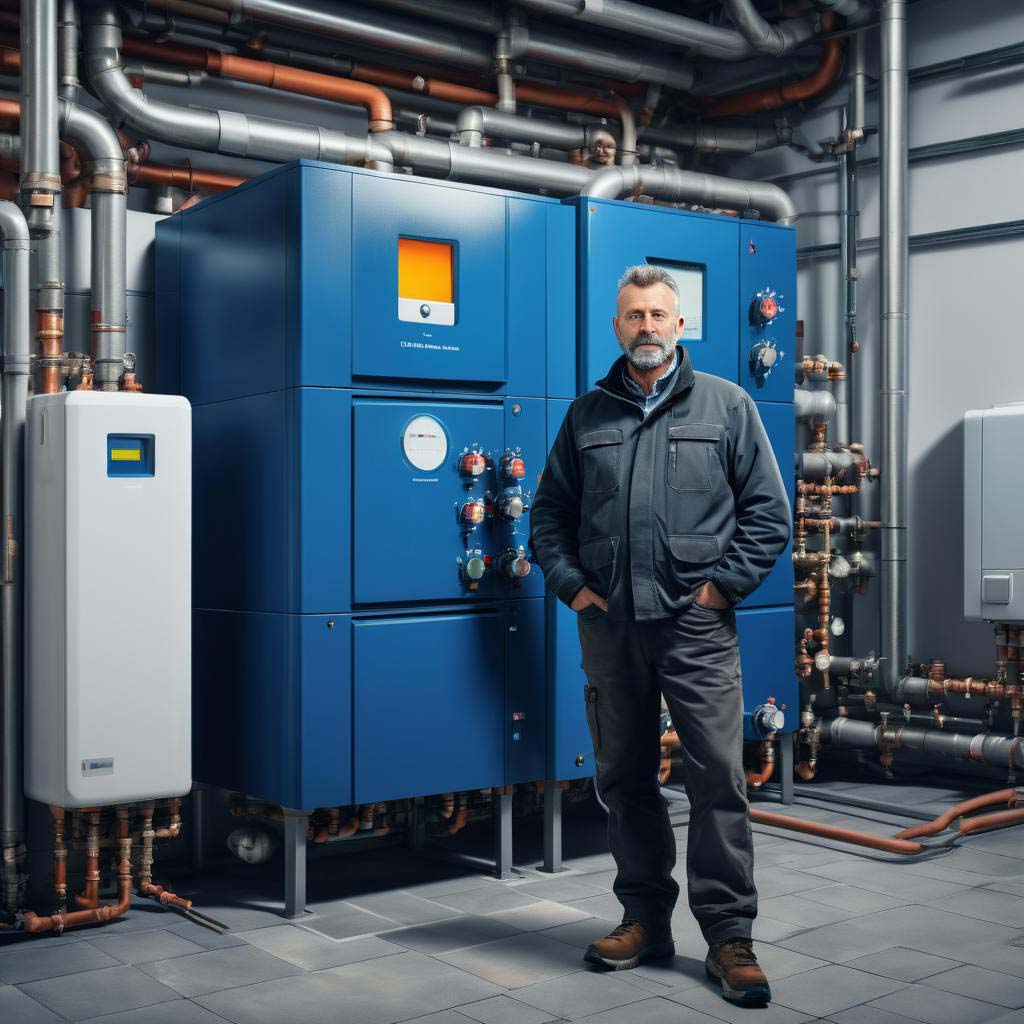 Handwerker vor großer Heizungsanlage in industriellem Raum