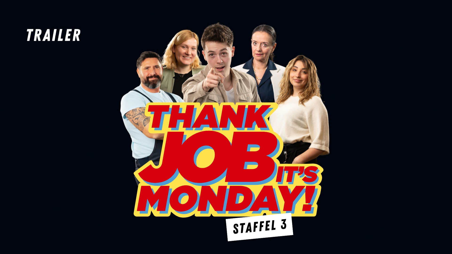 5 Darsteller der zweiten Staffel von Thank Job its Monday stehen auf schwarzem Hintergrund