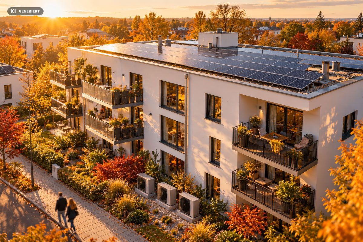 Modernes Wohngebäude mit Solaranlage im Herbst (Bild KI-generiert)