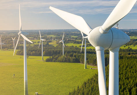 Windräder auf grüner Landschaft bei Sonnenschein