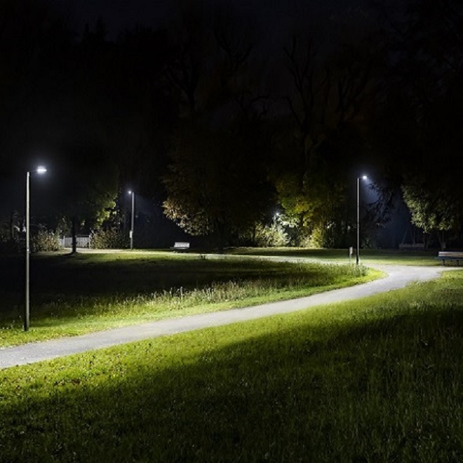 Nachtszene eines kurvigen Parkwegs mit beleuchteten Parkleuchten und Bäumen im Hintergrund.