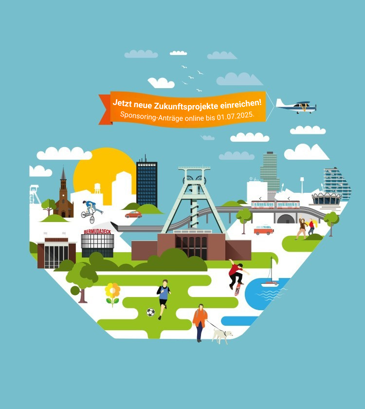 Illustration einer Stadtlandschaft mit verschiedenen Aktivitäten und einem Hinweis zu Zukunftsprojekten.