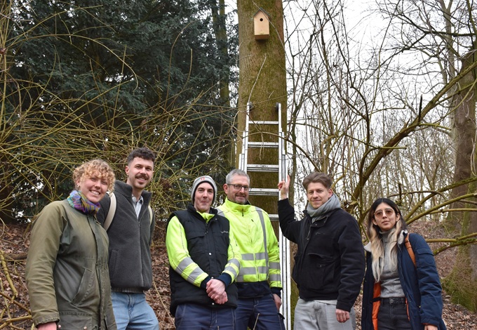 Sechs Personen vor Baum mit Nistkasten und Leiter im Wald