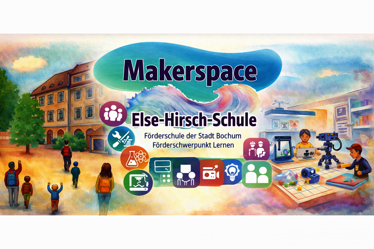 Kinder vor Schule mit Makerspace-Aufschrift