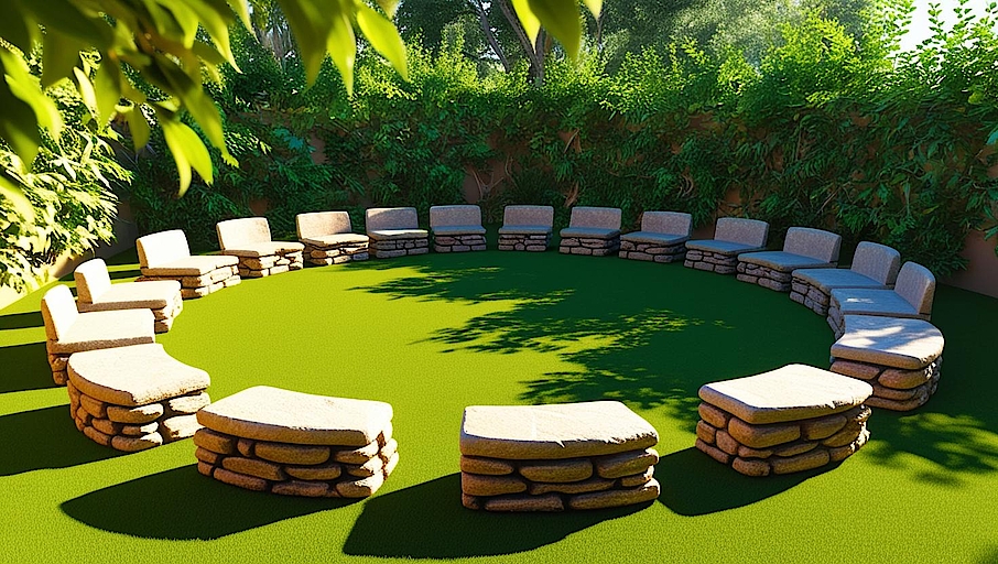 Sitzkreis aus Stein und Holz im Freien