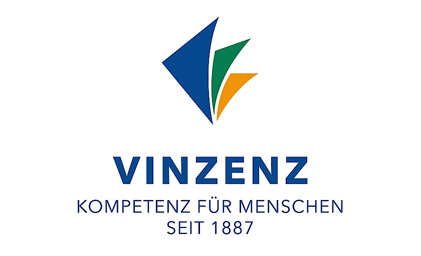 Logo von Vinzenz mit farbigen Dreiecken und Schrift