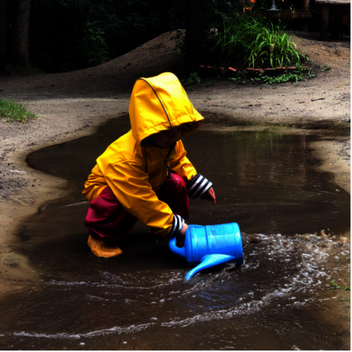 Kind im gelben Regenmantel spielt mit Wasser in Pfütze