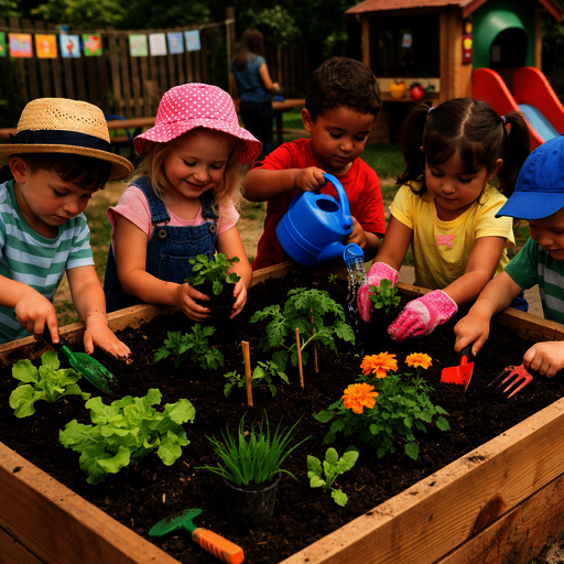 Kinder bepflanzen ein Hochbeet im Garten