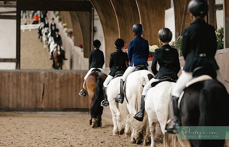 Reiterinnen und Reiter auf Pferden der Reihe nach in Halle