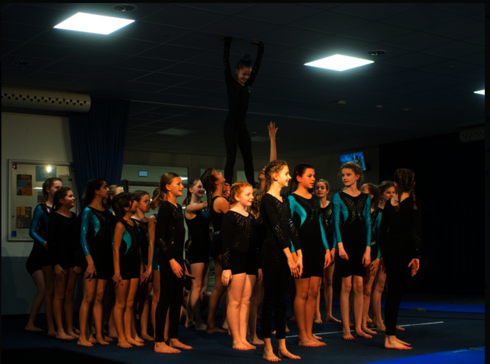 Gruppe junger Turner trainiert in der Sporthalle