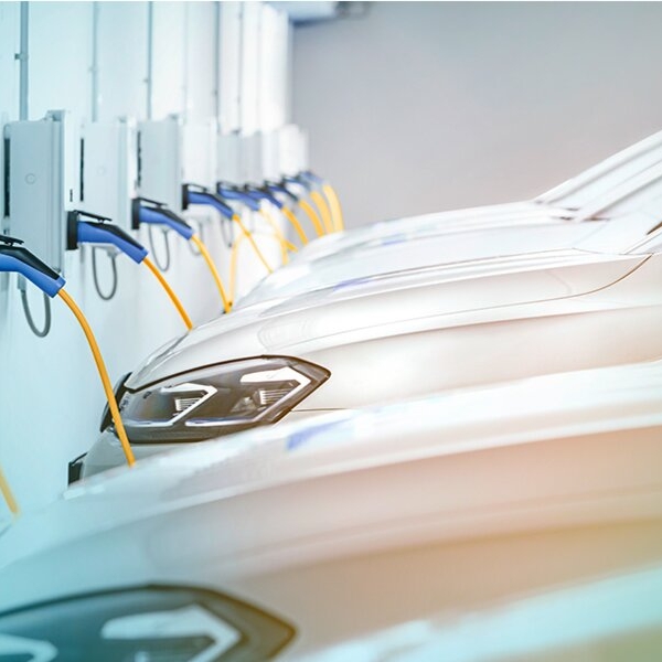 Autos werden in einer Reihe an Ladestationen in einer Garage aufgeladen.