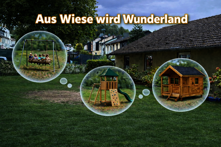 Ideen für einen Spielplatz auf einer Rasenfläche mit Häusern im Hintergrund