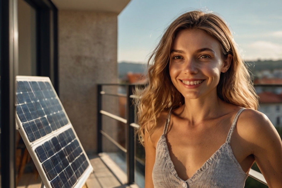 Frau steht neben Solarmodul auf Balkon bei Sonnenuntergang