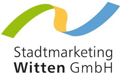 Logo der Stadtmarketing Witten GmbH mit geschwungenem Band in Grün, Gelb und Blau.