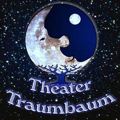Logo des Theater Traumbaum: Mond mit Gesicht, Baum-Silhouette, Schriftzug vor Sternenhimmel.