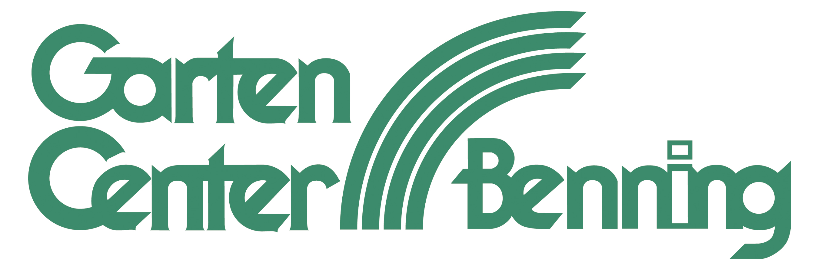 Logo von Garten Center Benning in grüner Schrift mit stilisiertem Bogenmotiv.