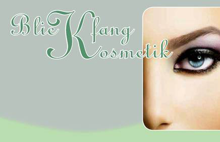 Logo "Blickfang Kosmetik" mit stilisiertem Text und Nahaufnahme eines geschminkten Auges.