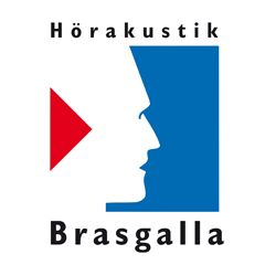 Logo von Hörakustik Brasgalla mit stilisiertem Profil, rotem Dreieck und blauem Hintergrund.