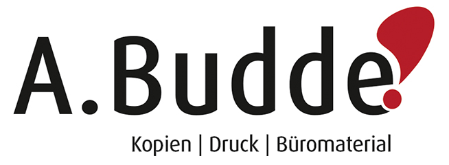Logo von A. Budde mit Text: Kopien, Druck, Büromaterial und rotem Ausrufezeichen.