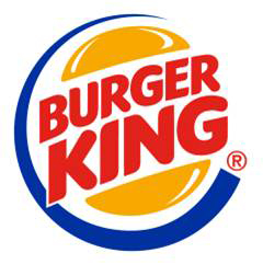 Logo von Burger King mit rotem Schriftzug zwischen zwei gelben Brötchenhälften im blauen Kreis.