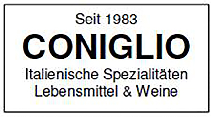 Schwarzer Text „CONIGLIO“ und Infos zu italienischen Spezialitäten auf weiß.