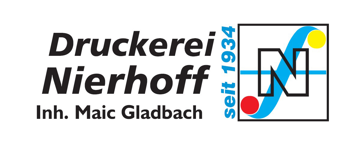 Logo der Druckerei Nierhoff, Inh. Maic Gladbach, mit Schriftzug "seit 1934" und Symbol.