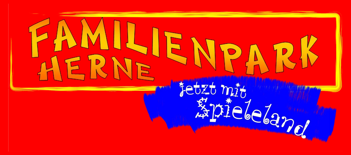 Logo des Familienparks Herne mit rotem Hintergrund und Text "jetzt mit Spieleland".