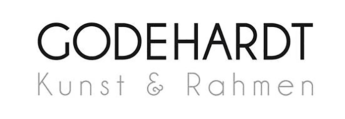 Logo von GODEHARDT mit dem Schriftzug "Kunst & Rahmen" in schwarzer und grauer Schrift.