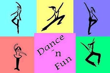 Buntes Logo mit tanzenden Figuren und Schriftzug "Dance 'n Fun" in der Mitte.