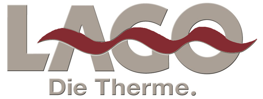 Logo der LAGO Therme mit wellenförmigem roten Element über dem Schriftzug.
