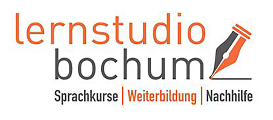 Logo des Lernstudio Bochum mit Text: Sprachkurse, Weiterbildung, Nachhilfe und Stift.