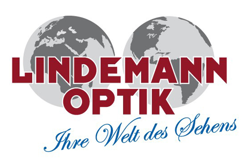 Logo von Lindemann Optik mit zwei Weltkugeln und Slogan "Ihre Welt des Sehens".