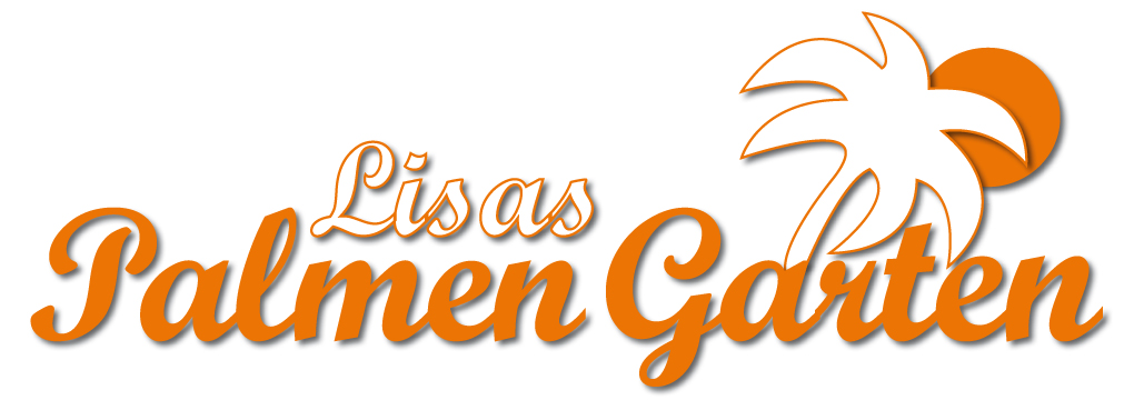 Logo von Lisas Palmengarten mit orangefarbener Schrift, Palme und Sonne im Hintergrund.