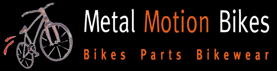 Logo von Metal Motion Bikes mit gezeichneter Fahrradgrafik und Schriftzug "Bikes Parts Bikewear".