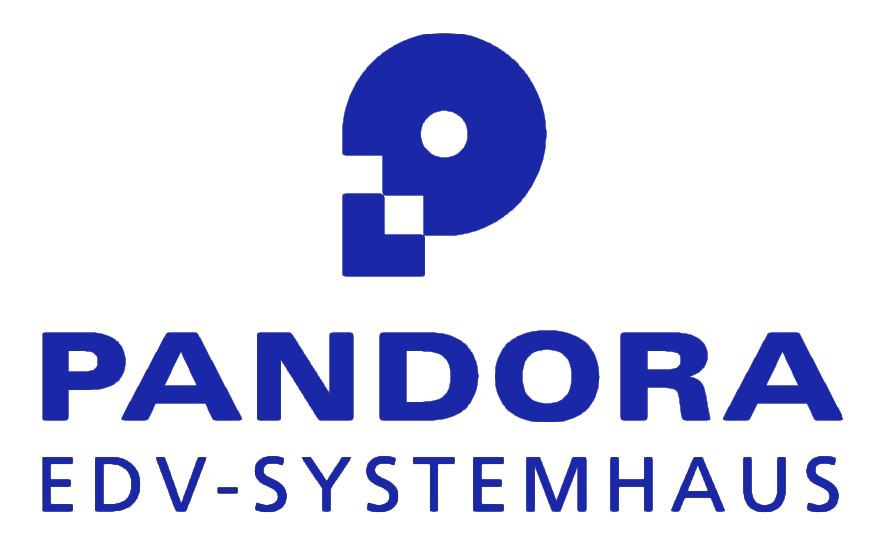 Logo von Pandora EDV-Systemhaus mit stilisiertem "P" in Blau und Schriftzug darunter.