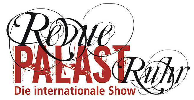 Logo des RevuePalast Ruhr mit rotem Schriftzug und Slogan "Die internationale Show".