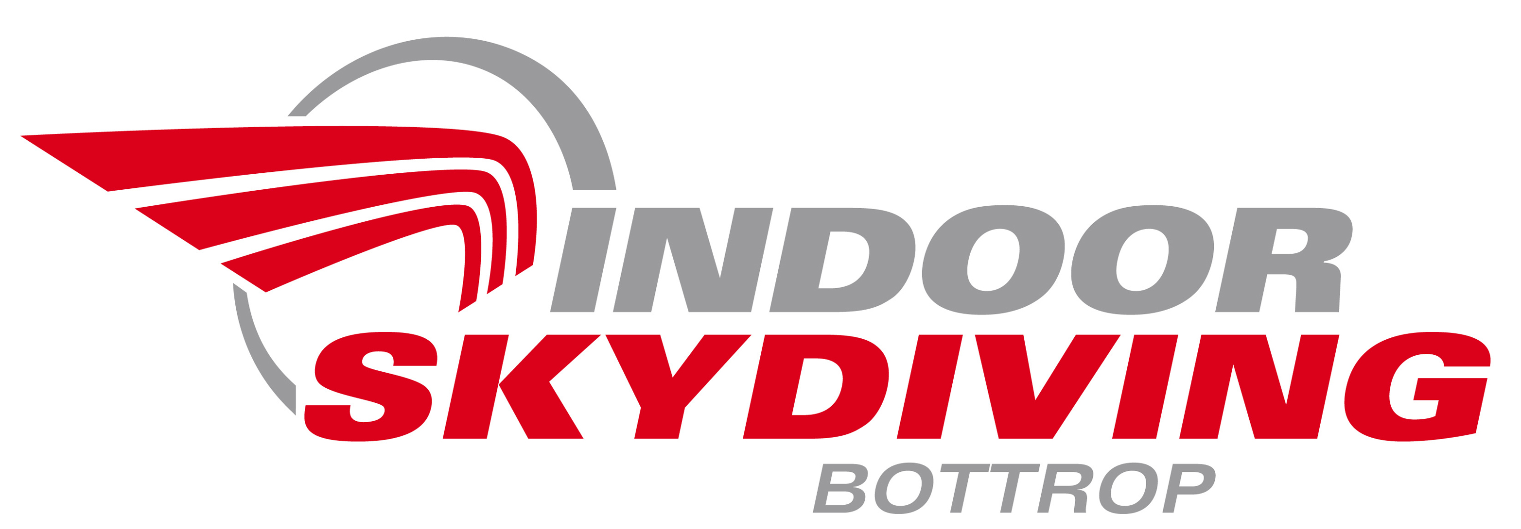Logo von Indoor Skydiving Bottrop mit roten Flügeln und grauem Schriftzug.