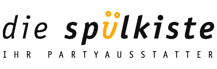 Logo von "die spülkiste – Ihr Partyausstatter" mit gelbem Ü und modernem Schriftzug.